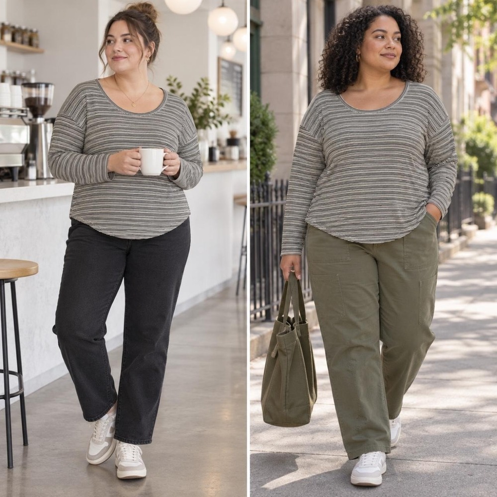 Athleta Top Women's 1X Black Ivory Stripe Modal Scoop Neck Long Sleeve Travel